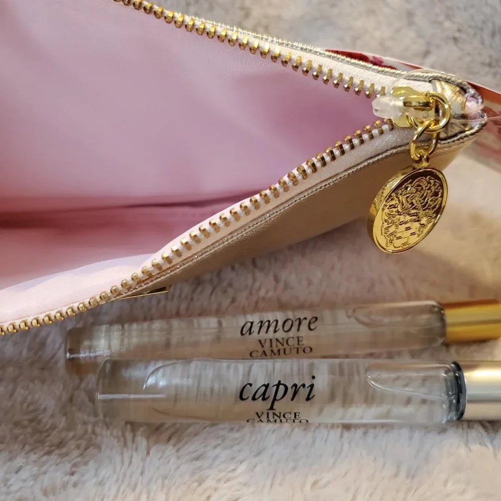 Vince Camuto Gold Cosmetic Bag Clutch CAPRI Rollerball AMORE Travel Purse Spray